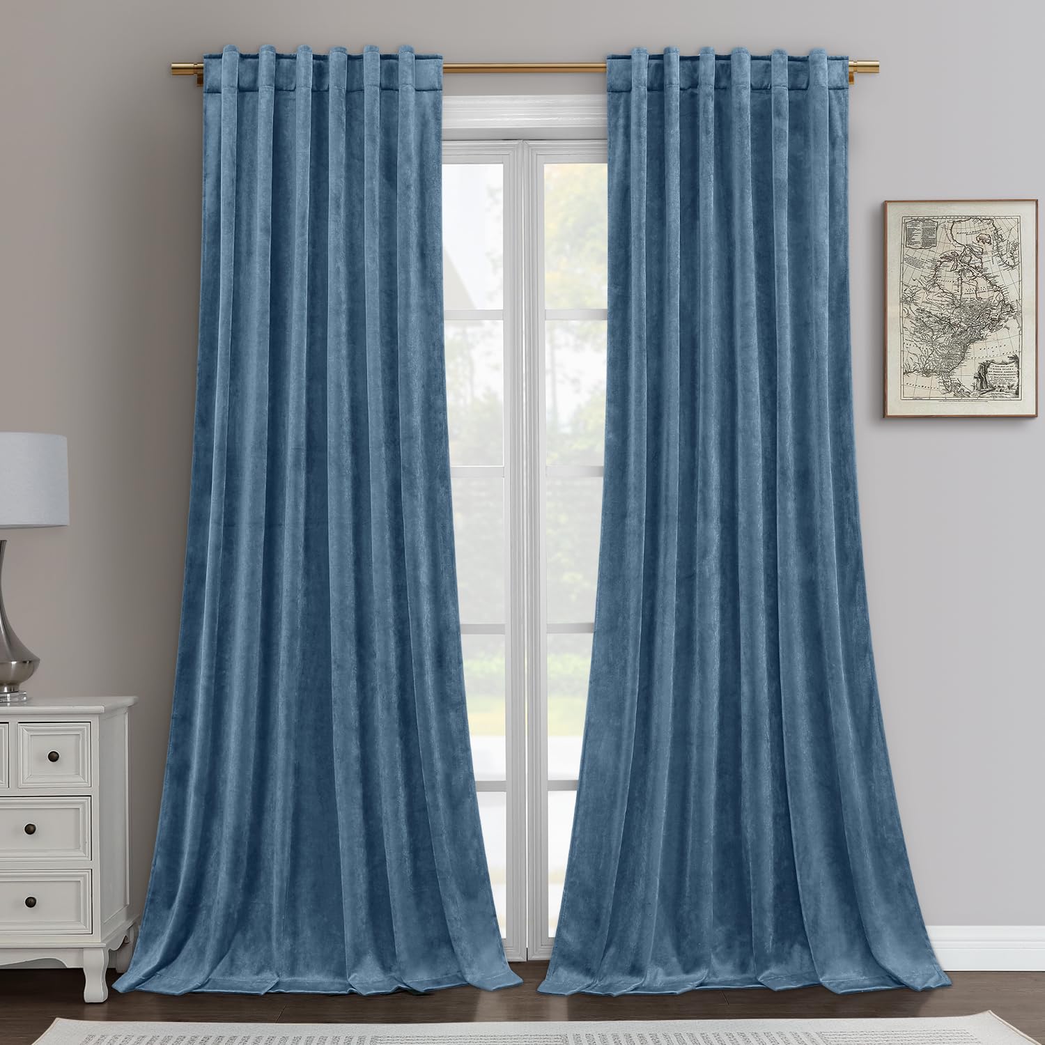 Homeideas Stone Blue Velvet Curtains 52 X 84 Inches, 2 Panels Light Blue Room Darkening Curtains/Drapes, Thermal Insulated Pocke